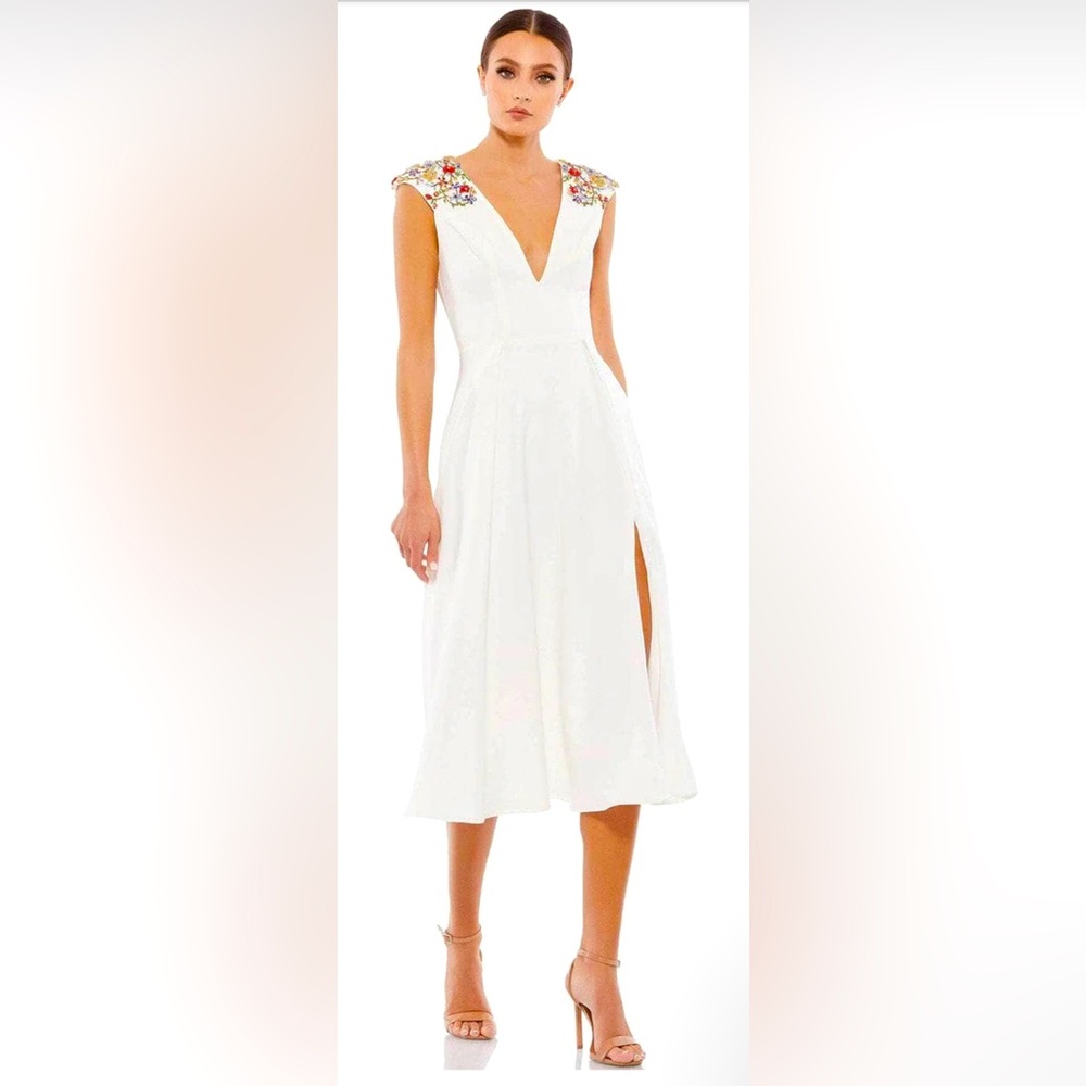 Mac Duggal White Midi Dress with Embellished Shoulders
